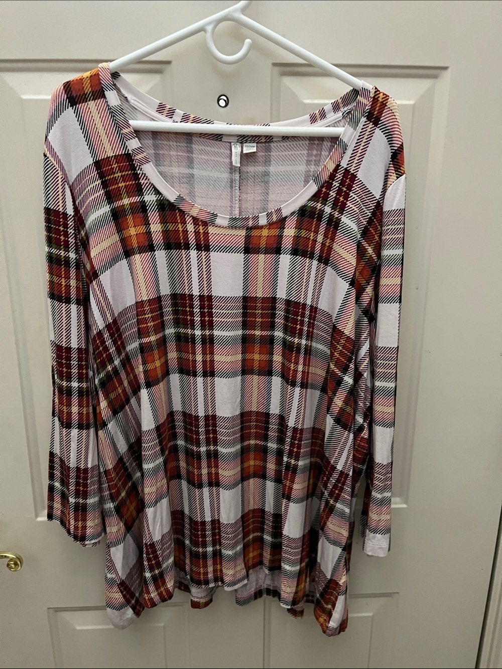 Cato Long-Sleeve Plaid Scoop Neck Top - White, Red, Orange